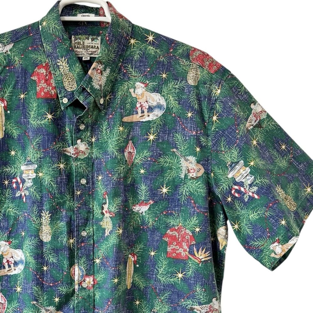 Reyn Spooner Mele Kalikimaka Hawaiian Shirt 2XL Christmas Surfing Santa 2022 EUC